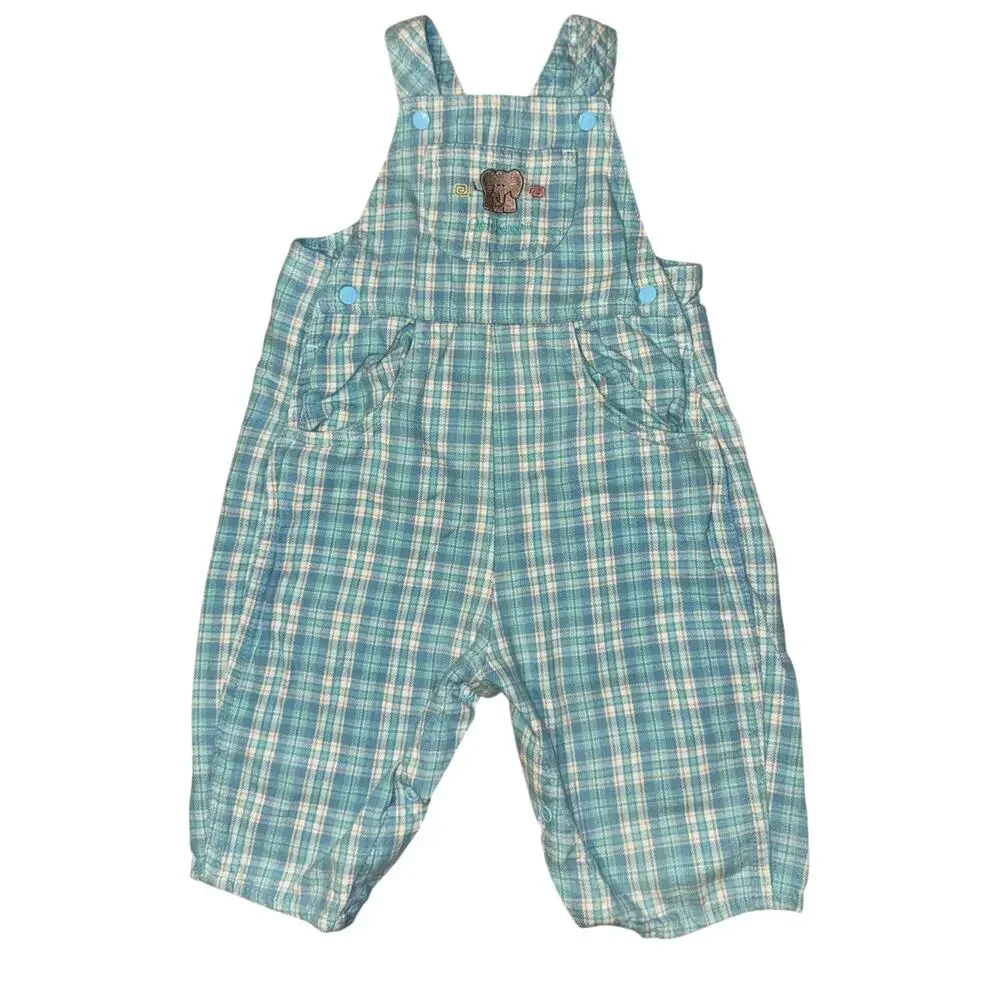 Vintage OshKosh Baby Overalls 90s Plaid Blue Embroidered Elephant Sz 6-9 Mon Y2K